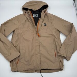 Dutch Bros Coffee Mens Medium Hooded Rain Jacket Tan Khaki Ripstop Nylon Zip Up